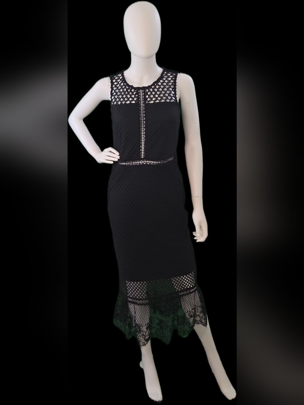 Romeo & Juliet Couture Black/Blue Mesh Midi Dress with Lace Trim